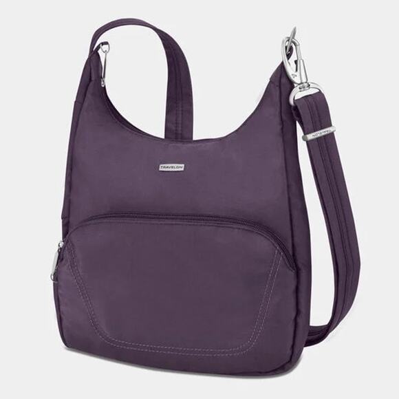 $120 Travelon Anti-Theft RFID Crossbody Purple Classic Essential Messenger Bag - Picture 1 of 6